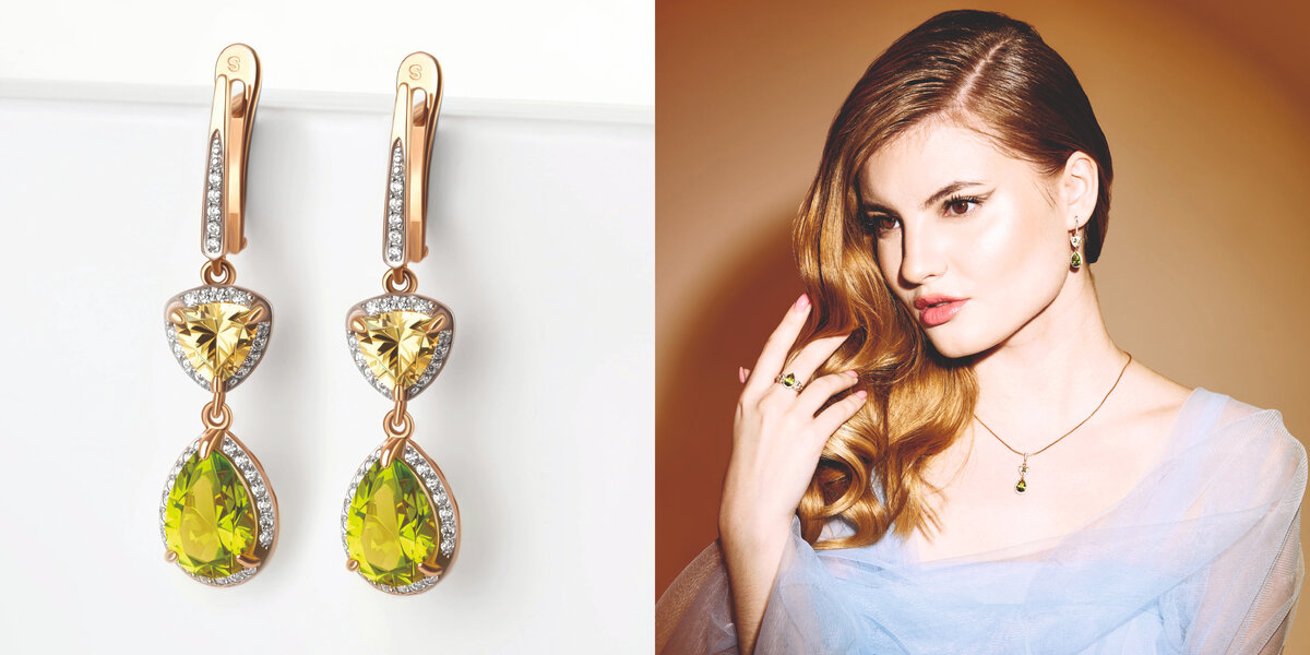 Серьги подвесные с ситаллами хризолитами, ситалом и фианитами из красного золота 000-363406 на ourgold.ru 