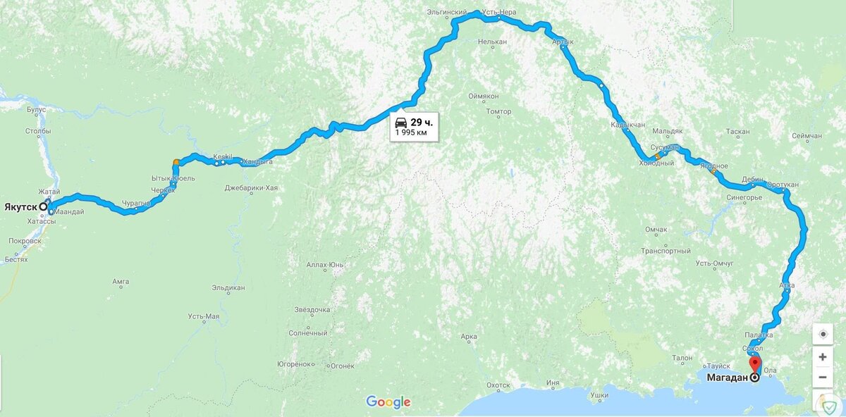 Якутск, Магадан и Р504 на карте