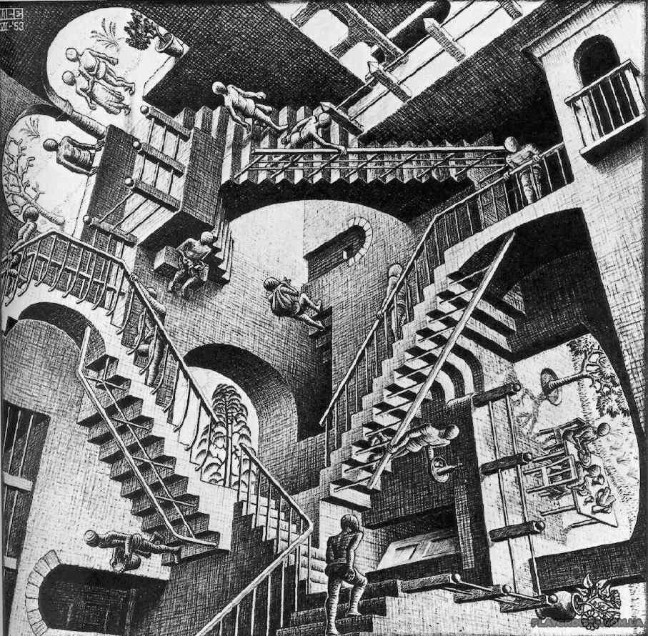 «Относительность» — литография голландского художника Эшера. Впервые была напечатана в 1953 году. 
На литографии изображен парадоксальный мир, в котором не применяются законы реальности. В одном мире объединены три реальности, три силы тяжести направлены перпендикулярно одна другой.

Создана архитектурная структура, реальности объединены лестницами. Для людей, живущих в этом мире, но в разных плоскостях реальности, одна и та же лестница будет направлена или вверх, или вниз.