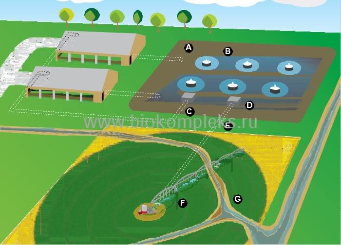 A – навозонакопитель (лагуна, навозохранилище); B – миксеры-аэраторы Биокомплекс; С – система навозоудаления; D – погружной насос и система фильтрация; E -напорный трубопровод; F – круговая дождевальная машина (пивот); G – источник воды; 
Рисунок 1 – Технология внесения навоза дождевальными машинами Биокомплекс.