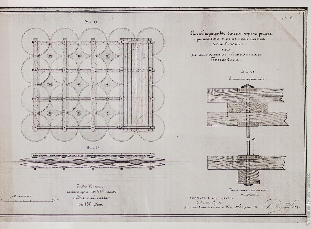  Способ переправы войск через реки при помощи плотов или мостов составляемых из металлических ш..ных (?) колес Бенардоса.
Вид плота состоящего из 52 колес подъемной силы в 150 пудов, 1895 год.