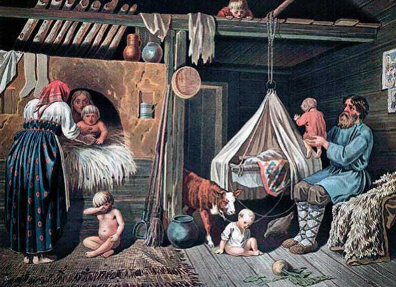 Мать моет своих детей в печи. Печь как мы с Вами можем видеть на пол дома! Поэтому фактор мытья в печи очень реалистичен. Я правда, таких печей не встречал. Если увижу подобную обязательно попробую залезть в нее!