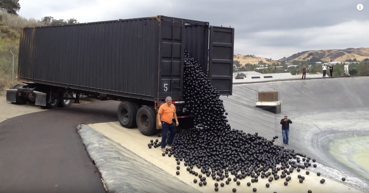 Шарики высыпаются в водохранилище на специальных грузовиках.