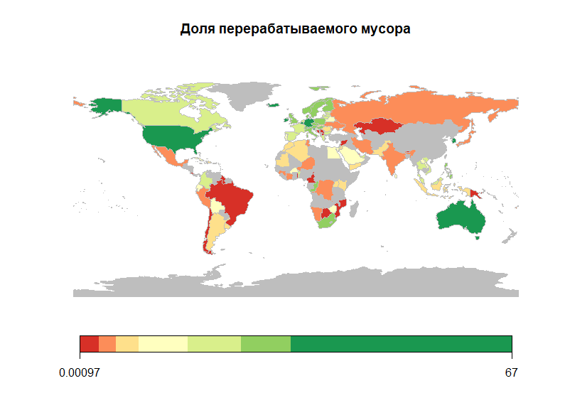 Доля перерабатываемого мусора. Данные: Всемирный банк, графика автора