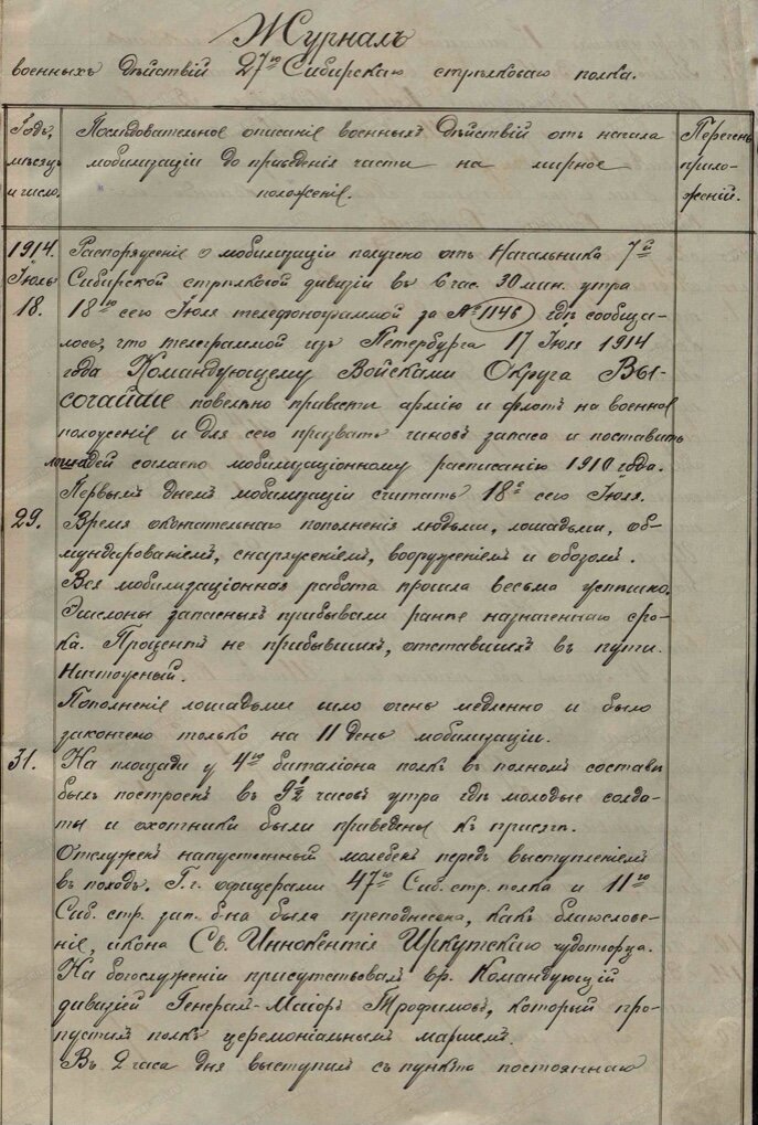Первая страница журнала боевых действий 27-го Сибирского стрелкового полка, скан с сайта gwar.mil.ru