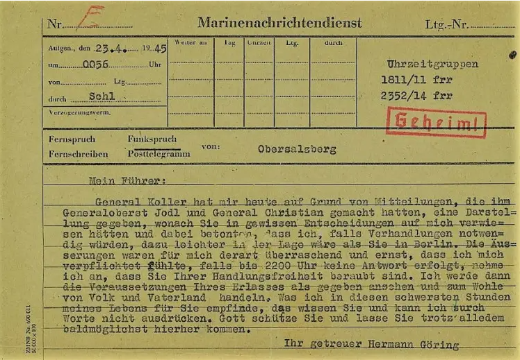 Та самая телеграмма Геринга Гитлеру о передаче власти 23 апреля 1945 года