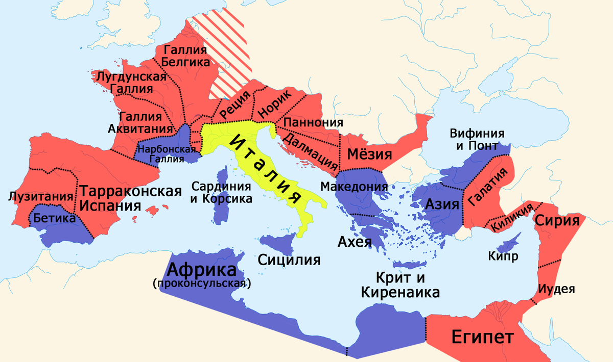Красным цветом обозначены императорские провинции, синим провинции Сената. Все легионы практически перешли под контроль Октавиана, так как располагались на пограничных территориях.