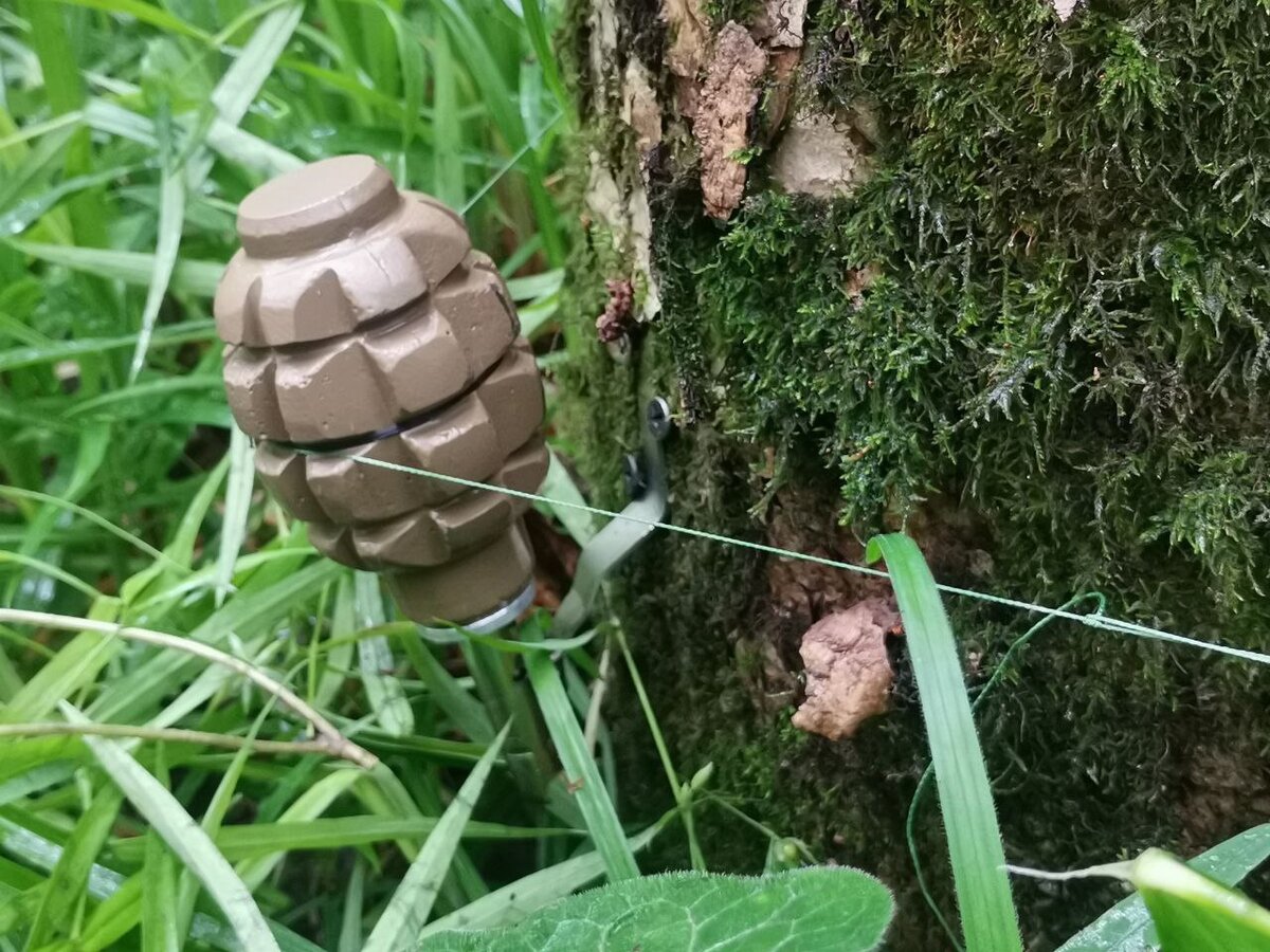 А на другой стороне Ф-1, которая держится на петле. Петля (проще всего реализовать через булинь) удерживает рычаг, прижимая гранату к дереву. Если мы опрометчиво перережем датчик цели, то петля ослабнет и граната активируется.