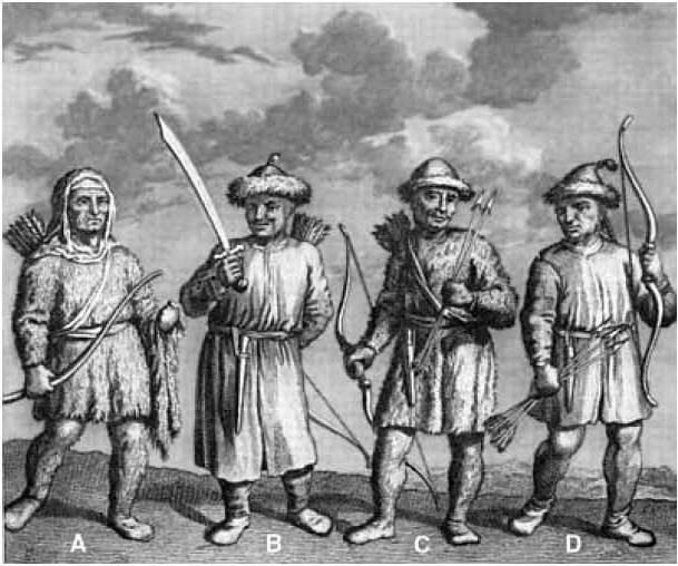 Представители‏ сибирских народностей:‏ A —‏ якут; B — калмык; 
C —‏ остяк;‏ D‏ — тангут.‏ Гравюра из‏ книги Н.‏ Витсена.‏ 1692.