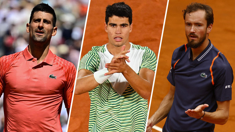    Новак Джокович, Карлос Алькарас, Даниил Медведев.AFP, Reuters