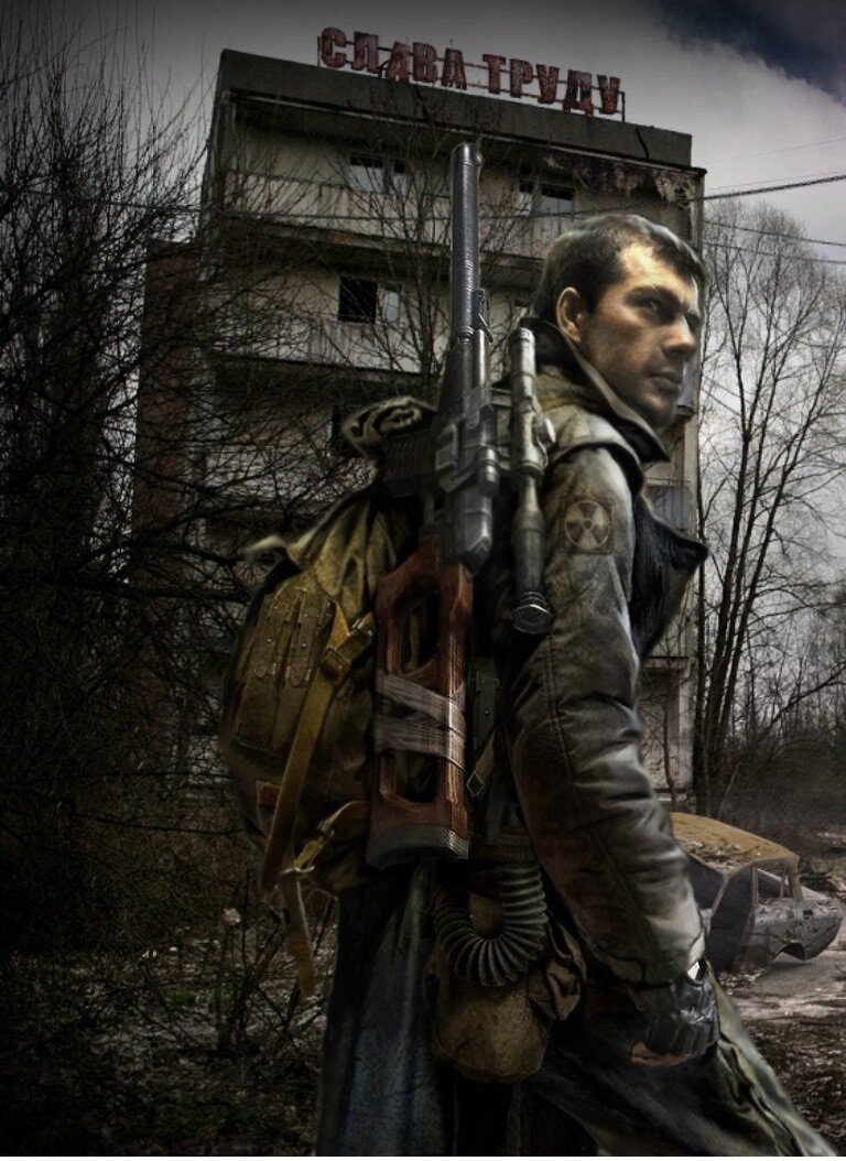 Знаменитый арт "Зов Припяти" с Дегтярёвым с "Винтарём" за спиной.
