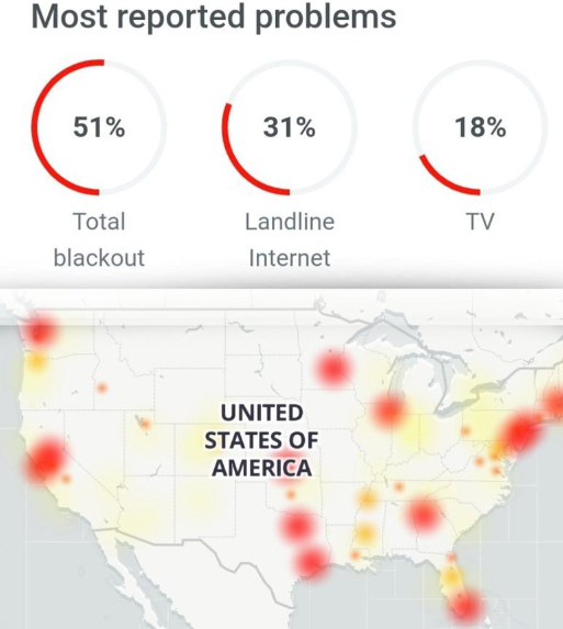 Карта массовых отключений интернета, кабельного ТВ и телефонной связи в США (фото Телеграм)