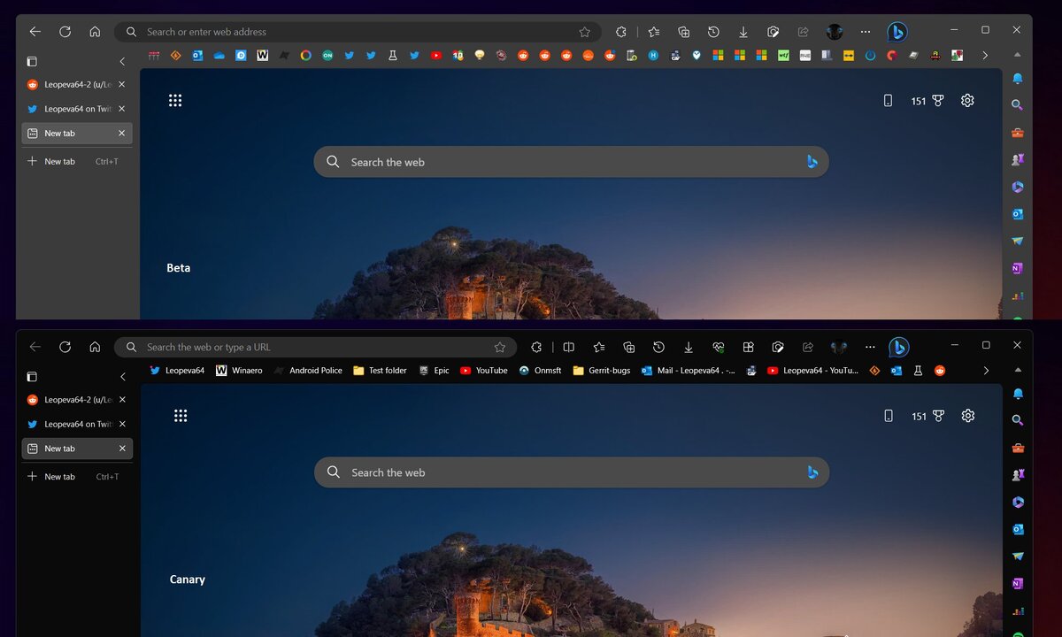    Сверху — текущая версия Edge, снизу — тестовая сборка