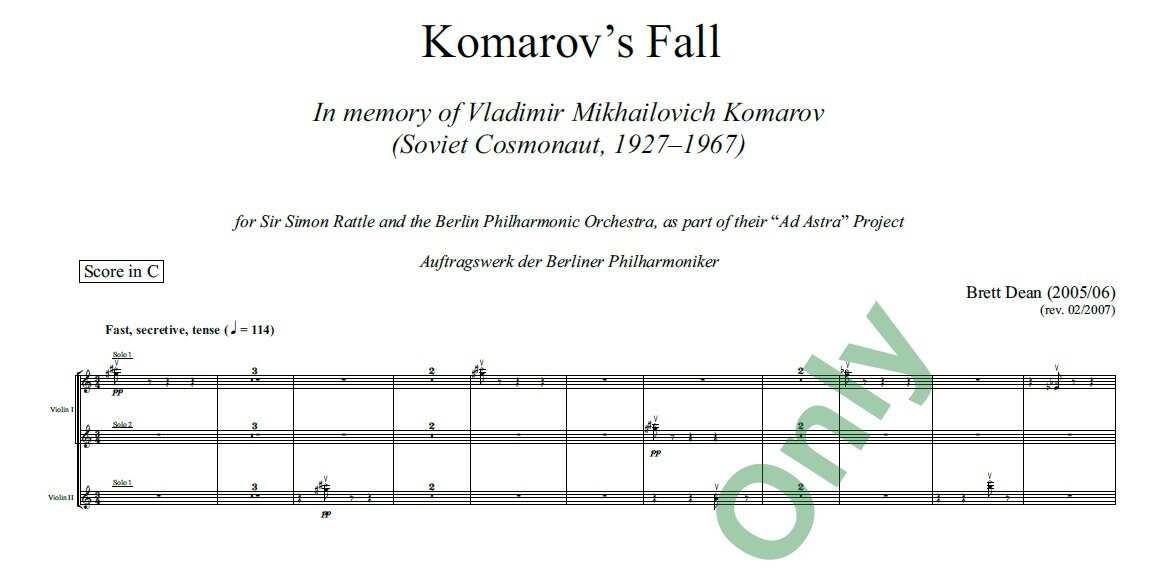 Заглавие и начало партитуры. Посвящение: "Памяти Владимира Михайловича Комарова (советского космонавта, 1927-1967). Свободно доступны лишь первые страницы партитуры.