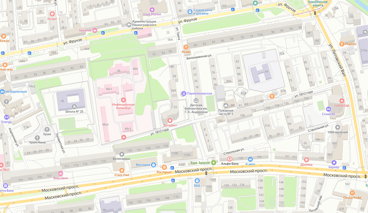 Улица 1812 года на карте Калининграда.