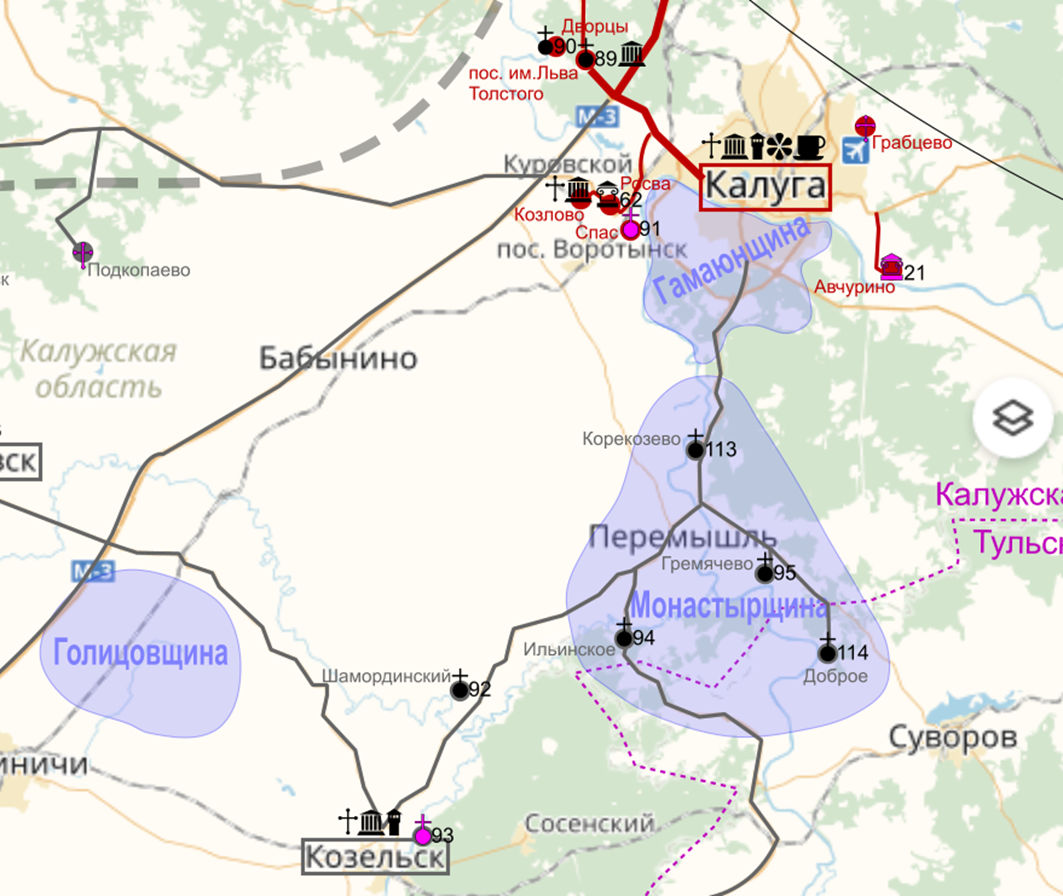Карта достопримечательностей Калужского края, разработанная автором.