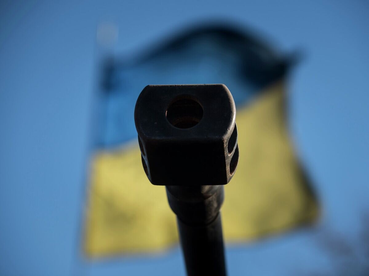    Оружейный ствол на фоне флага Украины© AP Photo / Evgeniy Maloletka
