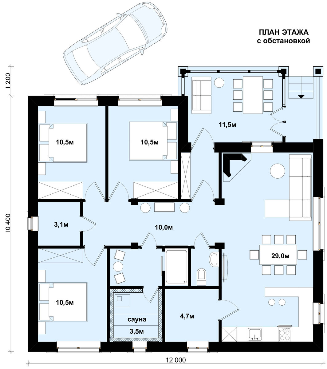 Планировка дома 110 кв м одноэтажный с 3 спальнями и сауной