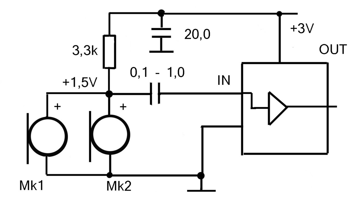 Рис.1  Схема включения электретных микрофонов.