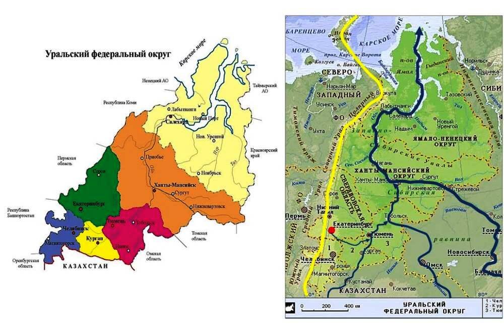 Урал на физической карте, несущей информацию  об Уральском ФО (ufa-welcome.ru)
