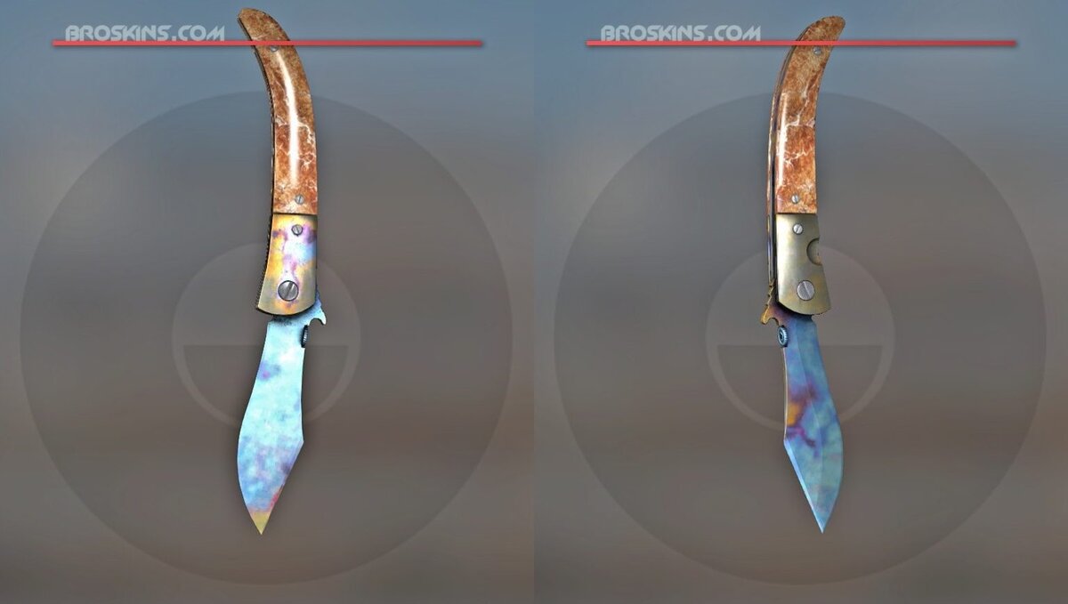 Нож "Наваха | Поверхностная закалка" Seed 182 демонстрирует чистый и ярко-синий цвет на игровой стороне с золотым пятном на острие ножа. Задняя сторона в основном синяя с желтым пятном на обухе лезвия.