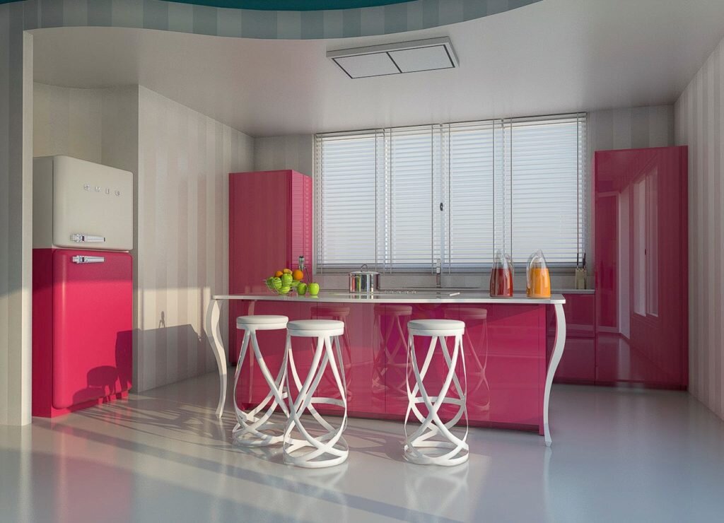 Разнообразие оттенков розового позволит создать яркую и незабываемую кухню