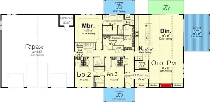 Полный поэтажный план одноэтажного дома в стиле barndominium с 3 спальнями.