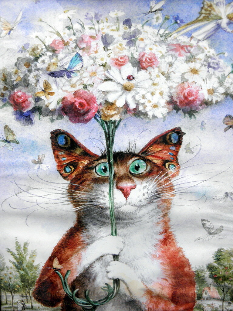 "Ухантик". У кота, стоящего под цветочным зонтиком, ушки похожи на крылья бабочки.