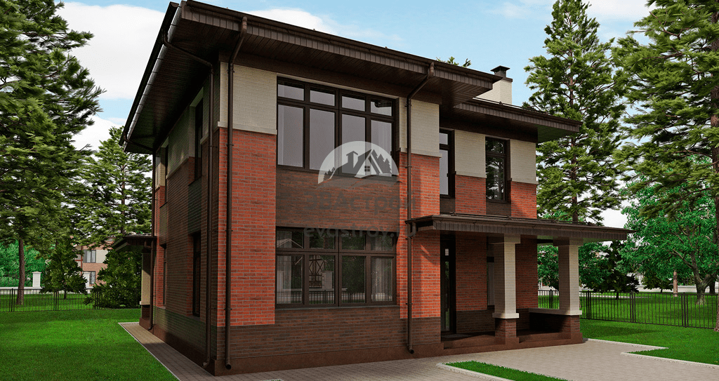 Проект двухэтажного дома 10 на 10 в стиле Райта с террасой - 102-14