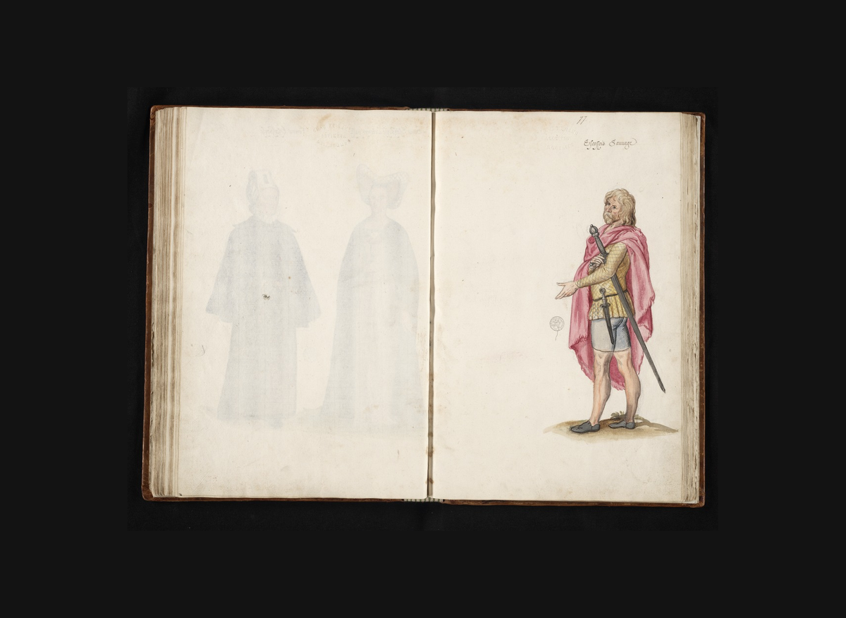 Шотландец-хайлендер с клеймором. Акварель из «Всемирного театра старинной и современной моды» Лукаса де Гира. 1570-е годы.