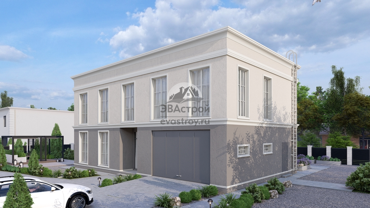 Проект двухэтажного дома 258 м2 с плоской кровлей, гаражом и мастерской - П196