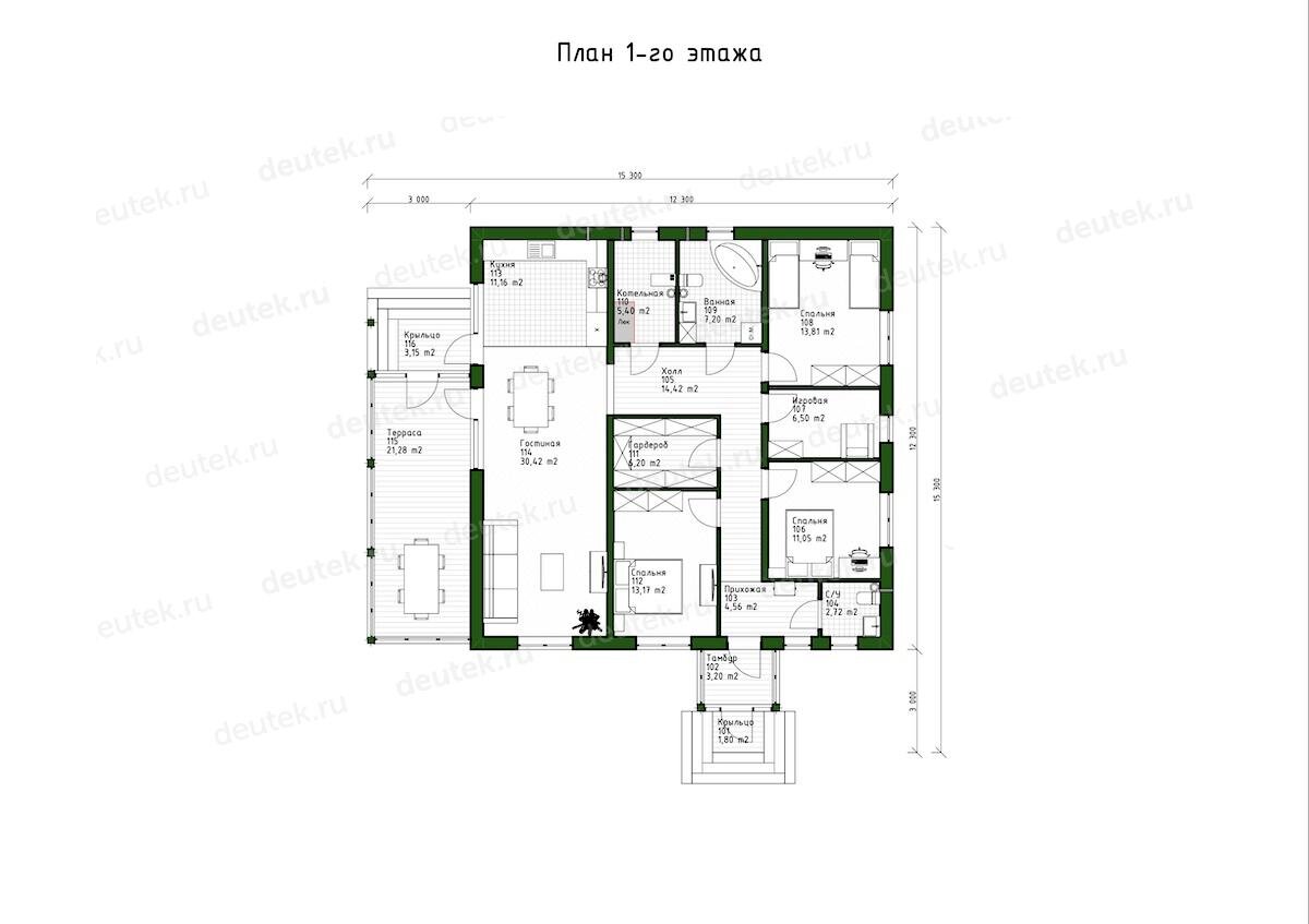 Проект одноэтажного дома 15 на 15 с террасой | DEUTEK - проектирование домов  | Дзен