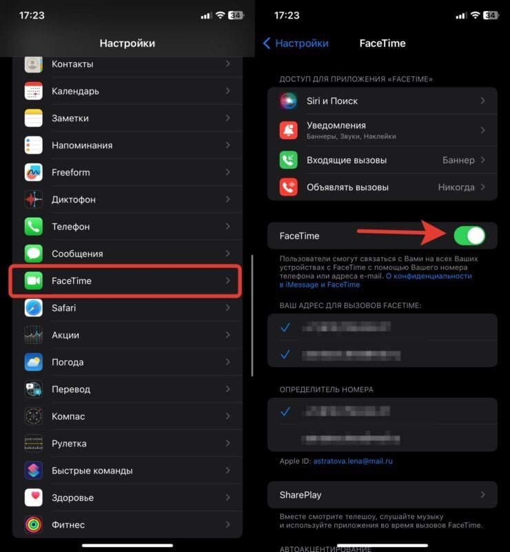    Активируйте Фейстайм этим переключателем