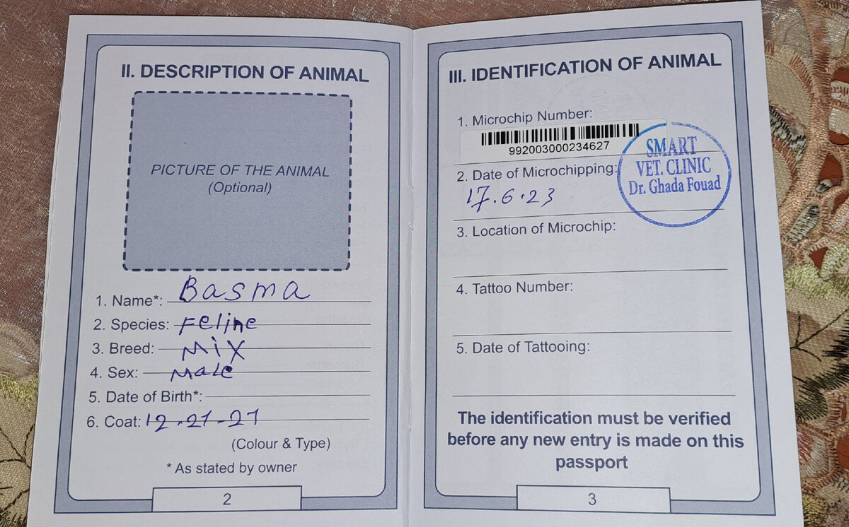 Разворот документа. Сертификат о прививках, паспорт животного.