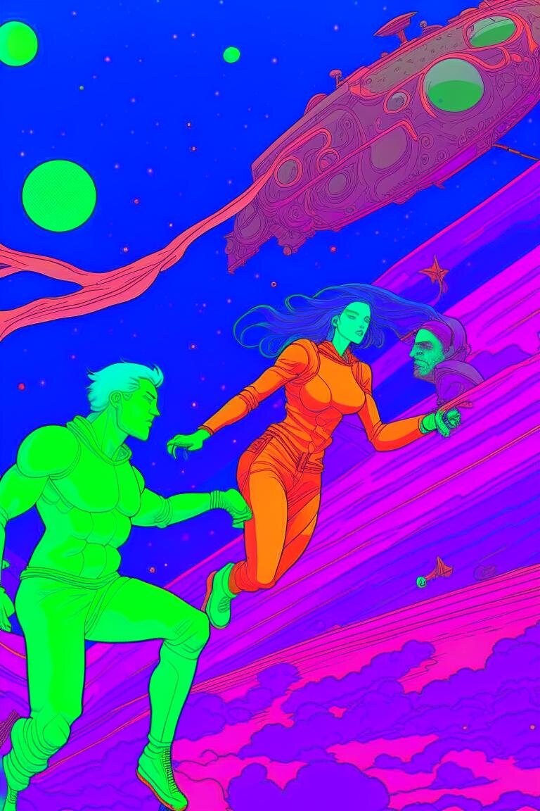 a comic page with two women and two men flying in space, in the style of colorful moebius, antony gormley, 8k resolution, georges gimel, expansive spaces, comic art, light purple and dark green