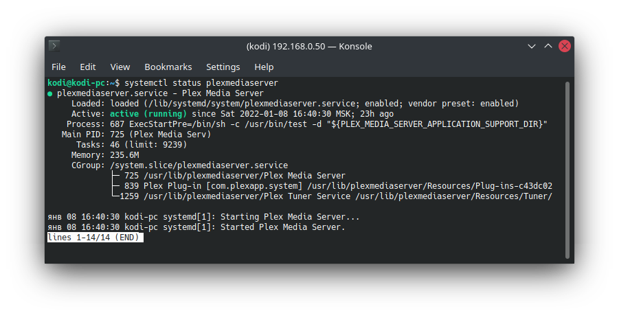 Сервис plexmediaserver запущен