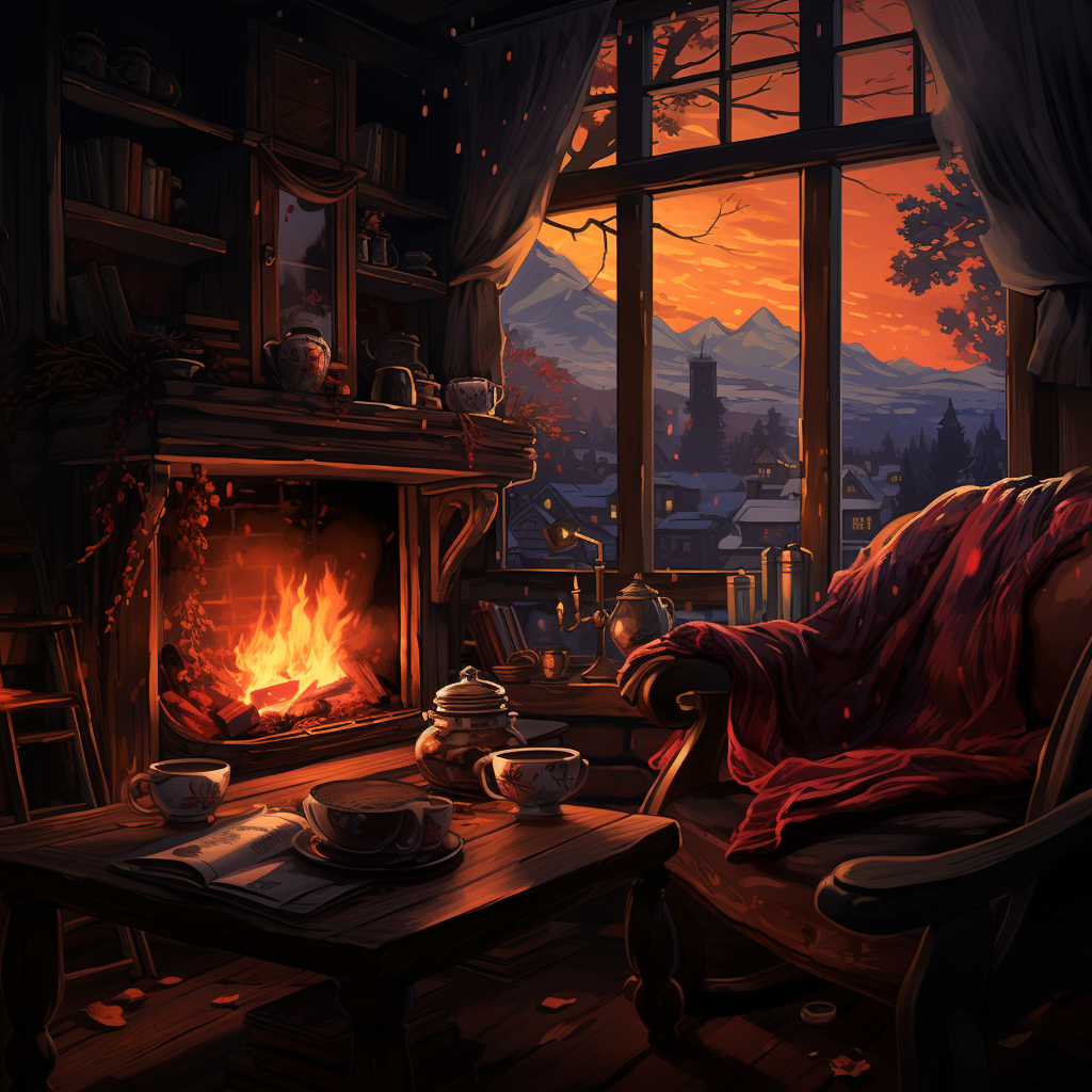 Картинка уютного дома с зажженным камином, где человек может расслабиться в кресле, возможно, с чашкой горячего напитка.