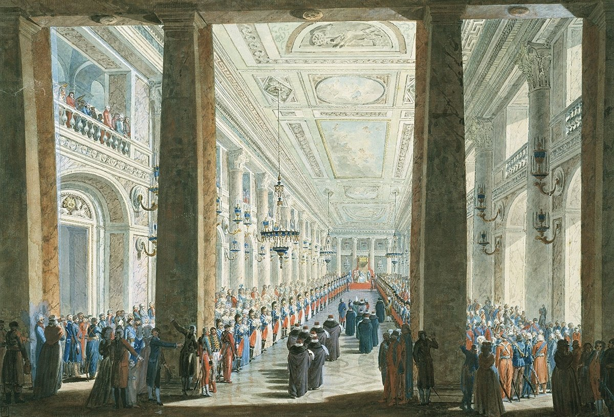 Большой зал Зимнего дворца на акварели А.Н. Воронихина, 1793 год, изображение взято из открытых источников