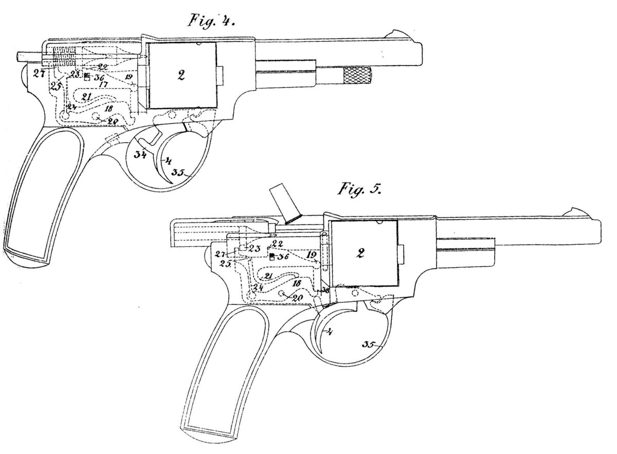 Из норвежского патента №8564 от 11.04.1899 г. Вверху показано положение частей оружия перед выстрелом, внизу - отход затвора назад и экстракция стреляной гильзы