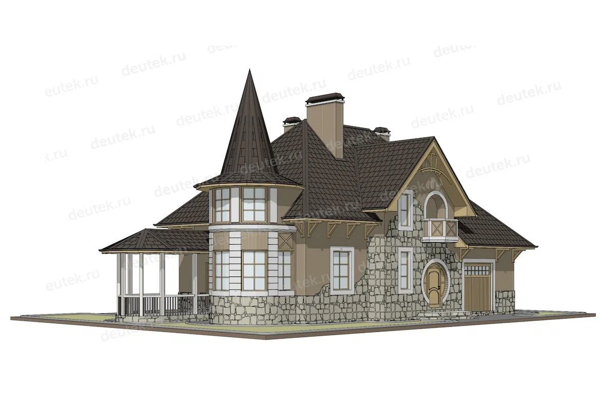 Внешний вид героя обзора. Эдакий мини-замок, сошедший к нам со страниц какой-то сказки. Здесь и башня для заточения прекрасной девы, и балкон для приветствия подданных, и "конюшня" присутствуют. Имитация каменных стен и окон-бойниц тоже в наличии. Источник изображения: Дзен-канал "DEUTEK - проектирование домов" 