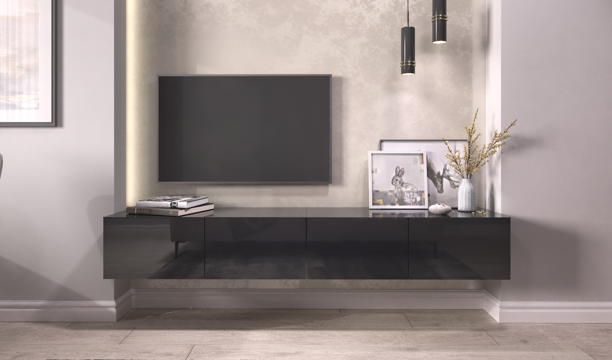 ТУМБА ПОДВЕСНАЯ FELAY 95 И 45, БЕЛАЯ И ЧЕРНАЯ  В ГОСТИННОЙ