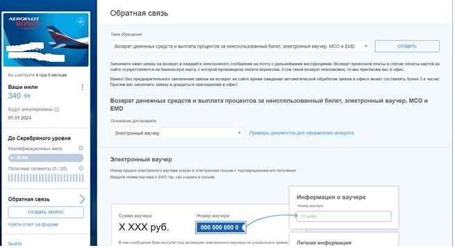 Начало. Заявка на сайте Аэрофлота