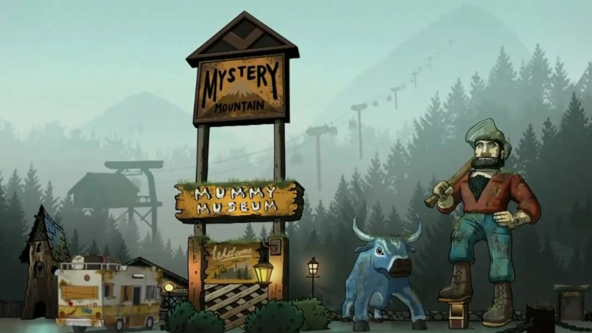 На въезде стоит большая вывеска и две статуи — голубого быка и Поля Баньяна. Под ногой последнего расположена касса, в коей работает Дарлин.