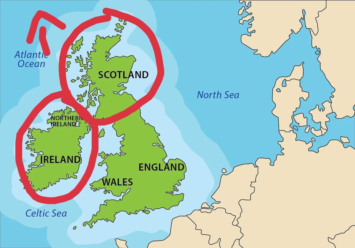 Ирландия и Шотландия, стрелкой показано где находится Фарерские острова, которых нет на карте. 