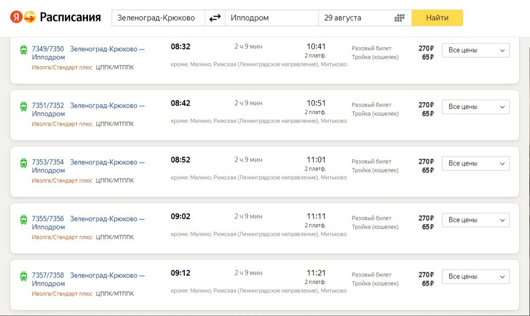 Скриншот расписания поездов МЦД Зеленоград-Раменское. Помимо карты "Тройка" можно проехаться с помощью разового билета по тарифной сетке ЦППК. Источник: Яндекс.Расписания.