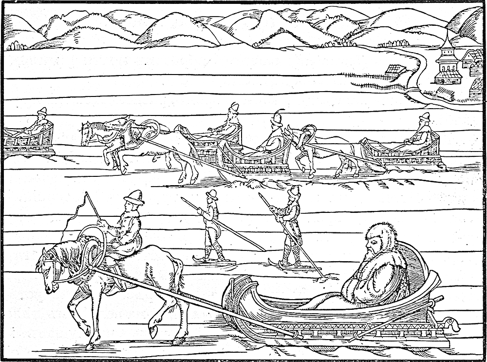 Езда на санях и лыжах в России. Из латинского издания "Записок" Герберштейна, 1556 г.