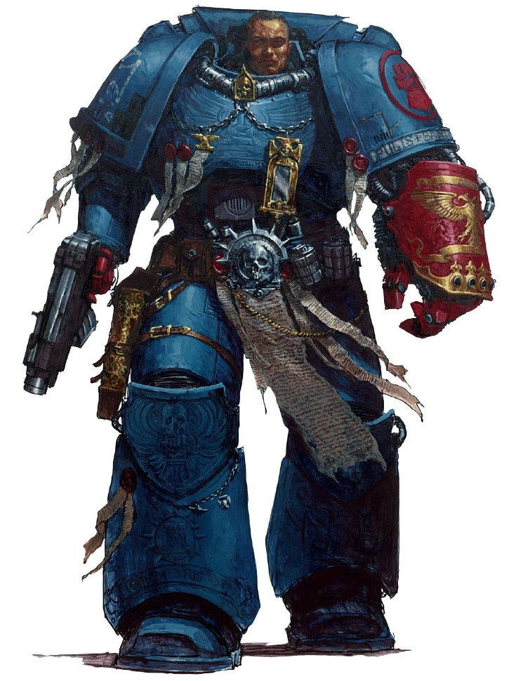 Педро Кантор, магистр Багровых Кулаков, вооружённый болтером и силовым кулаком