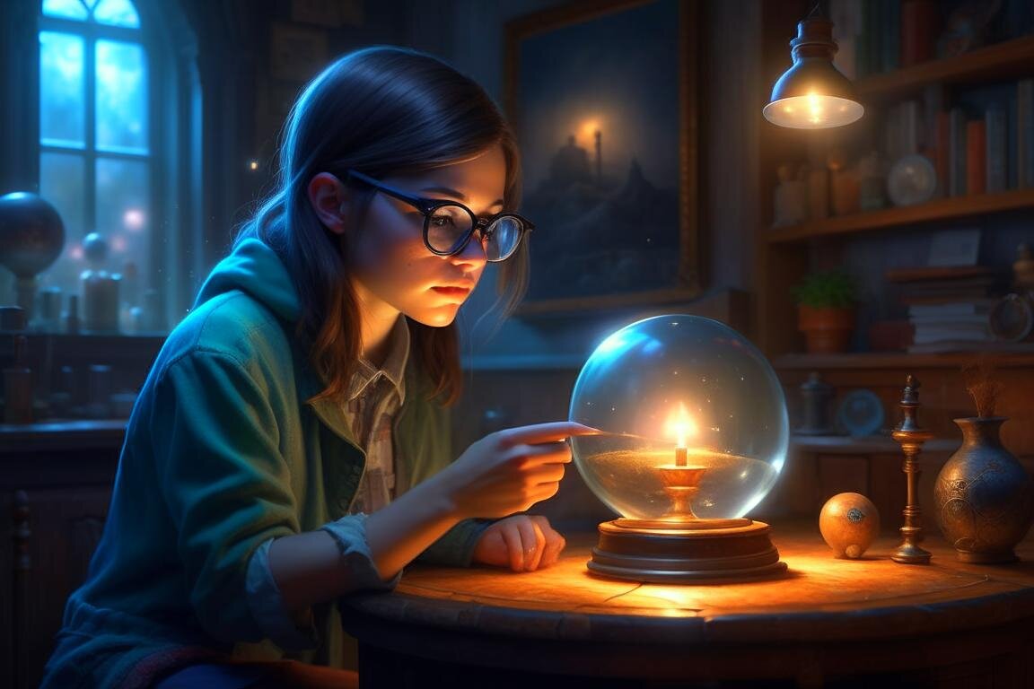 Девочка подросток вглядывается в хрустальный шар. Нейросеть Kandinsky 2.2.