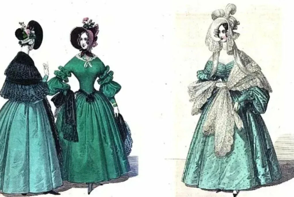Модные туалеты 1840х в цвете парижская зелень.