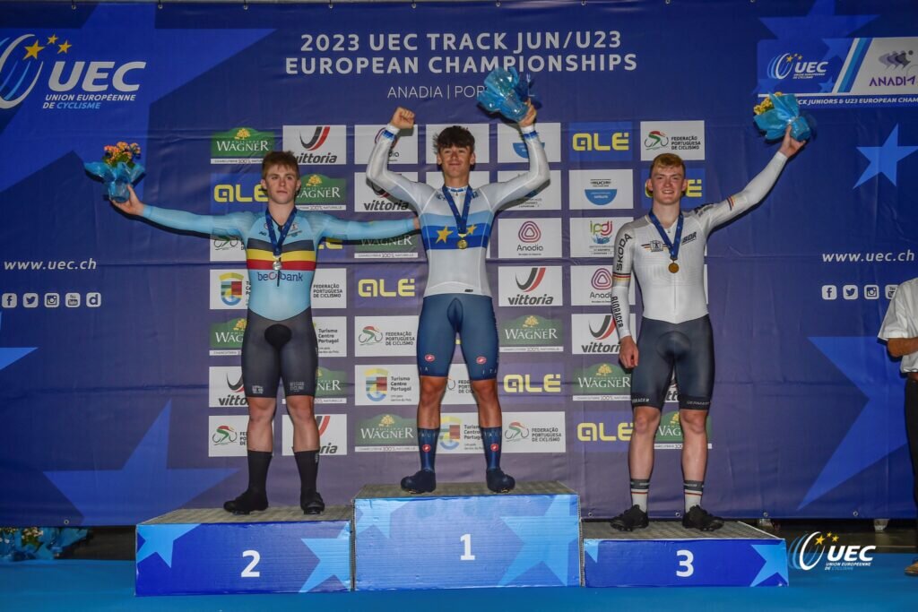 Нолана Хюисманс, Давиде Стелла и Джейкоб Фогт / 2023 UEC Juniores & U23 — Track European Championships — Anadia — 12/07/2023 — Mens Junior 1km TT — photo Tommaso Pelagalli / Sprint Cycling Agency © 2023  📷
